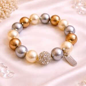 KISSAKA Multi Color Faux Pearl and Rhinestone Beaded Stretch Bracelet
